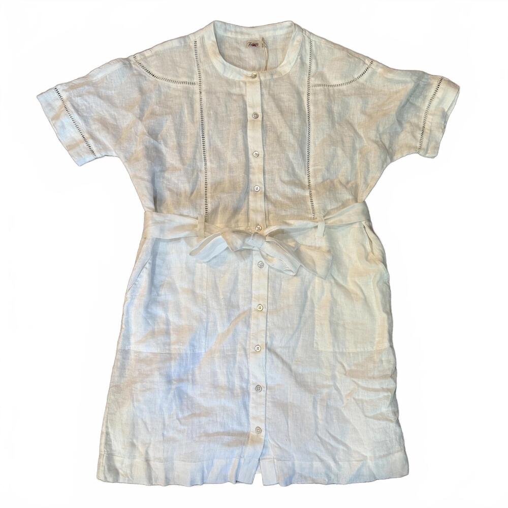 Faherty XL White‎ Linen Shirt Dress NWT Belt Ladder Trim Summer India